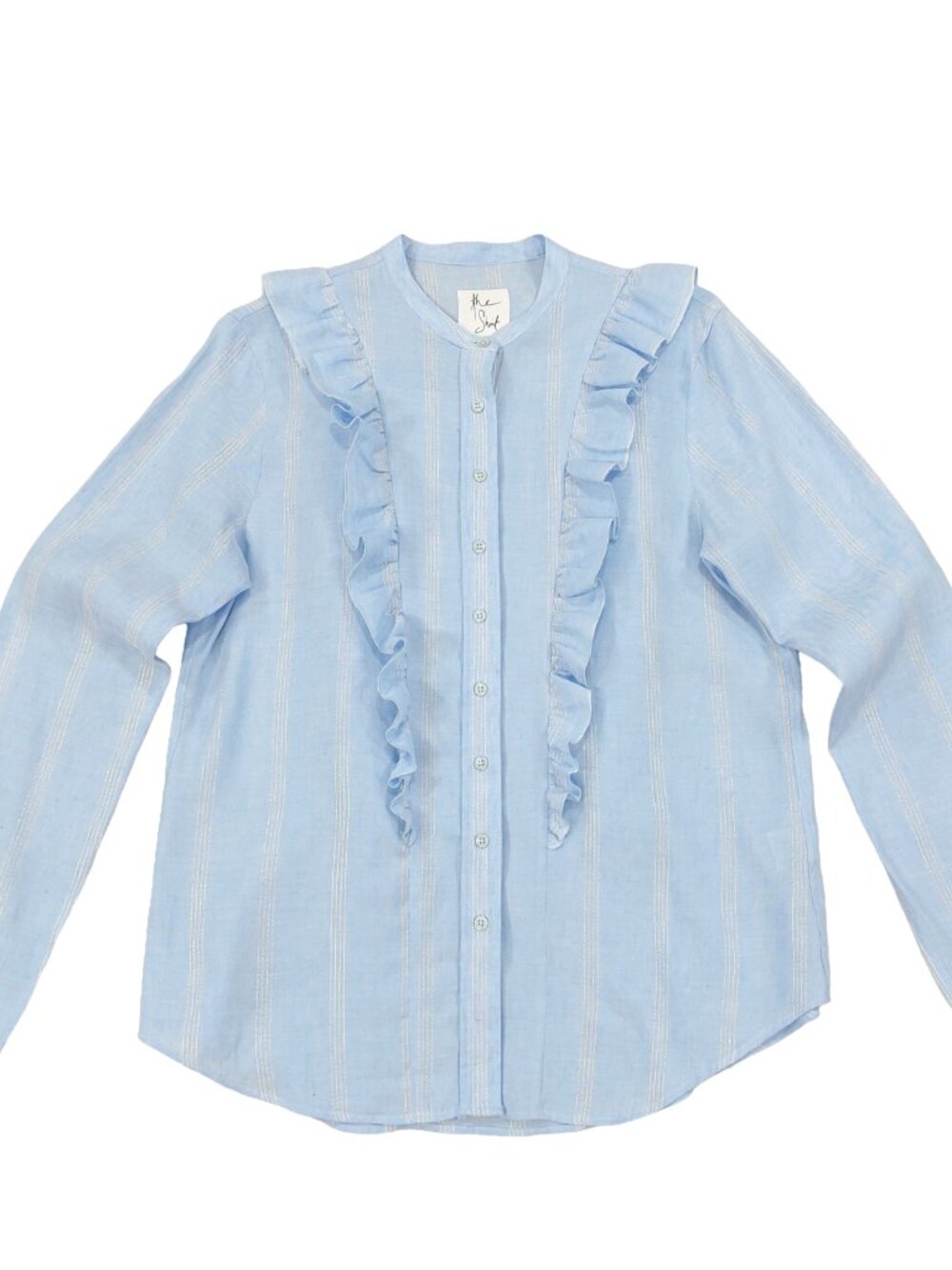 The Shirt by Rochelle Behrens Linen Blend Ruffle Blouse Womens Medium, Blue/Gold